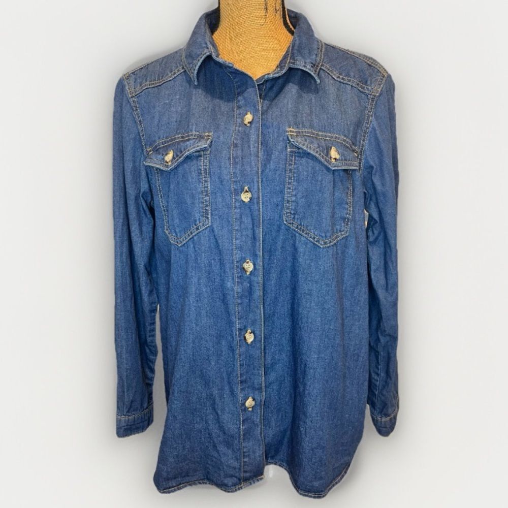 Parisian Works 100% Cotton Chambray Button Down Shirt Blue Western Size 10